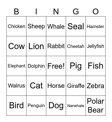 ANIMAL BINGO Card