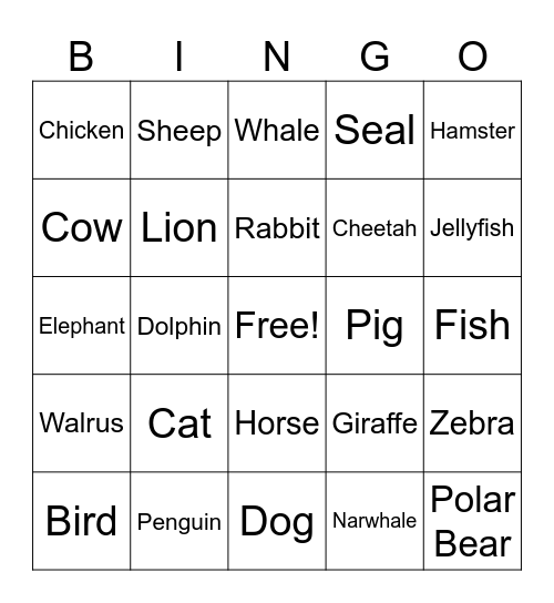 ANIMAL BINGO Card
