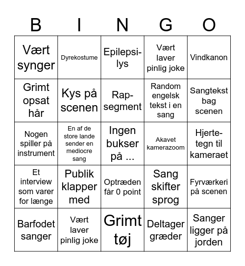 Eurovision 2 Bingo Card