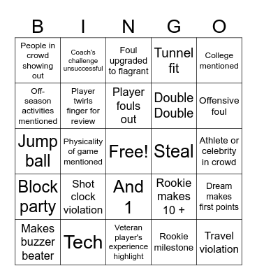 Dream vs Wings Bingo Card