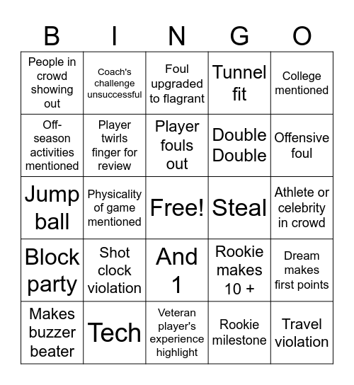 Dream vs Wings Bingo Card