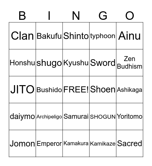 Japan Bingo Card