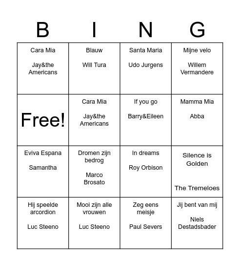 Muziek Bingo Card