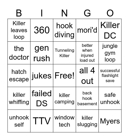 DBD survivor bingo Card
