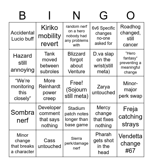 Overwatch May 12 Mid-Season Patch Notes Bingo Card