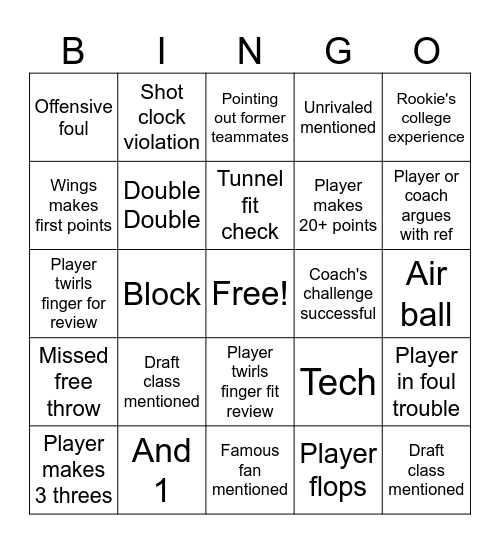 Dream vs Wings Bingo Card