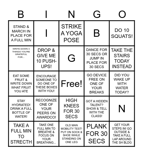 BE WELL BINGO Card
