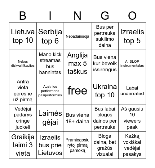 EUROVIZIJOS BINGO 2026 Bingo Card