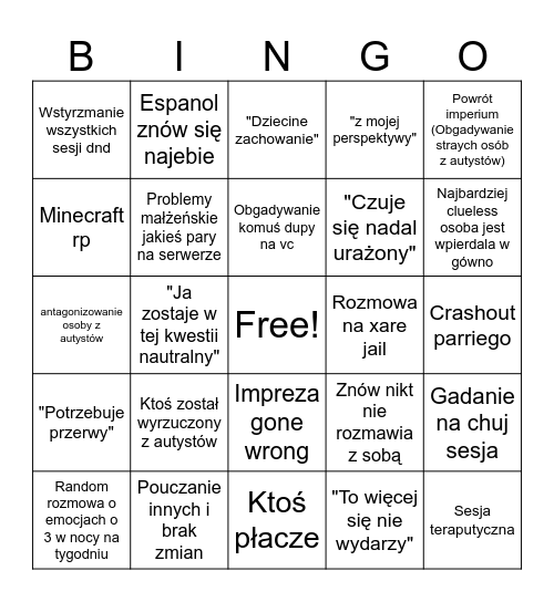 Autyści 2026 bingo dramy Bingo Card