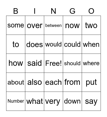 Tricky word Bingo Card