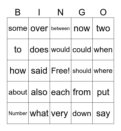 Tricky word Bingo Card