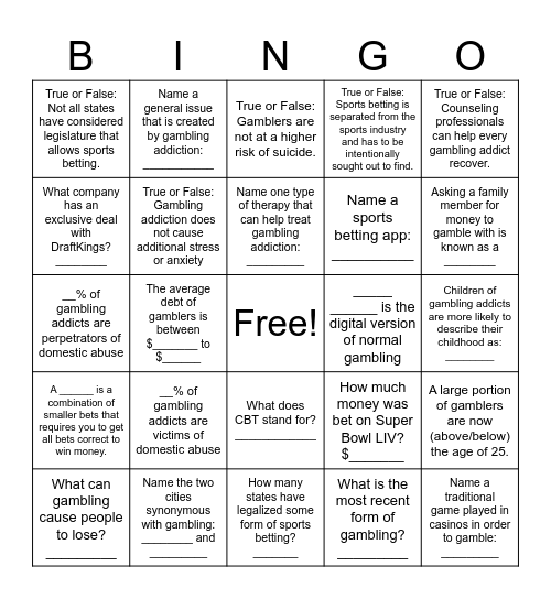 Gambling Addiction Bingo Card