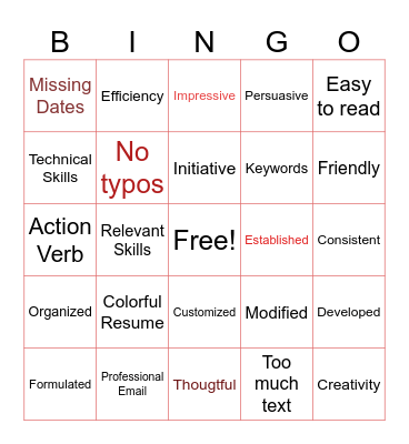 Resume Building Bingo Card