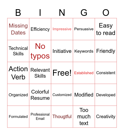Resume Building Bingo Card