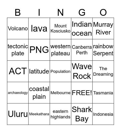 Australian Landforms Bingo Card