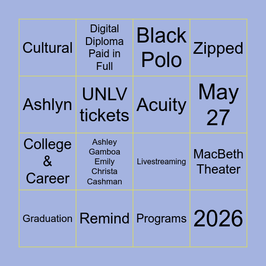 2026 Graduation Bingo Card