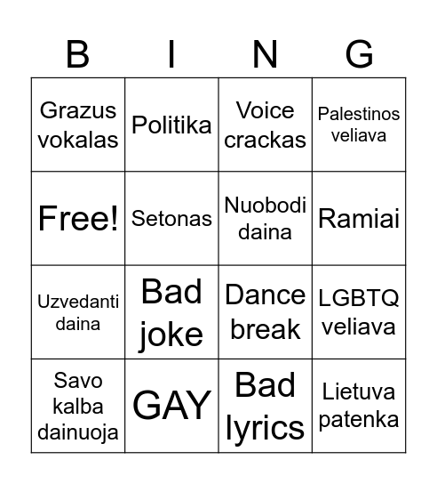 Eurovision Bingo Card