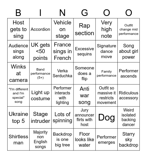 Eurovision Bingo!!!! Bingo Card
