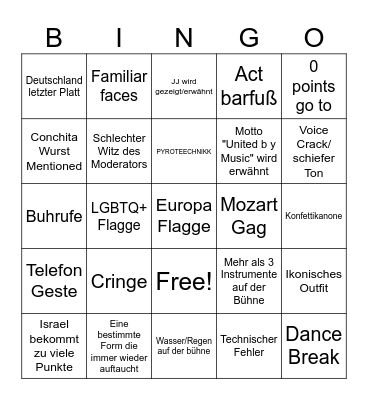Eurovision Song Contest Bingo Card