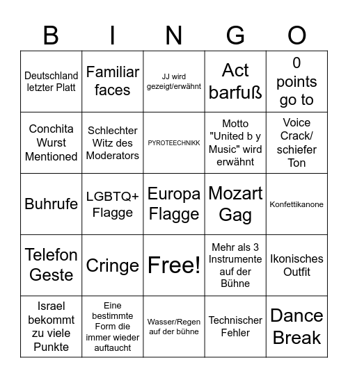 Eurovision Song Contest Bingo Card