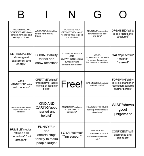 Character Bingo Card