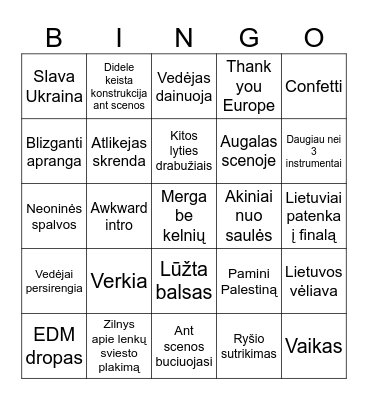 Eurovision Bingo Card