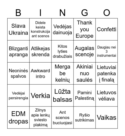 Eurovision Bingo Card