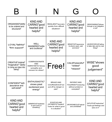 Character Bingo Card