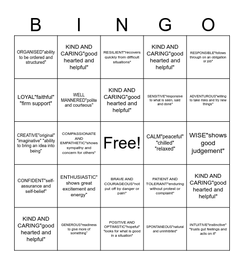 Character Bingo Card