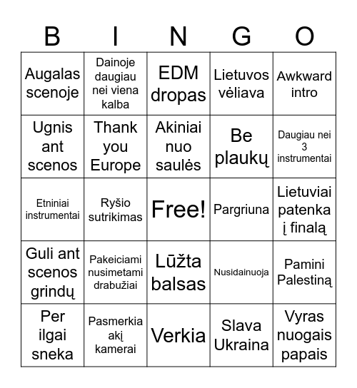 Eurovision Bingo Card