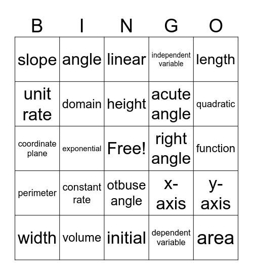 SBA Math Vocabulary Bingo Card