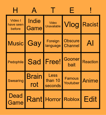 Youtube video bingo Card