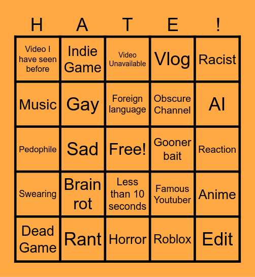 Youtube video bingo Card