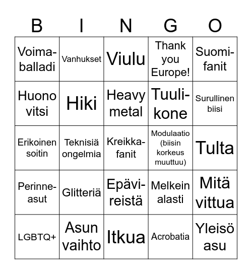 Korvfisk ESC SF1 bingo 2026 (suomeksi) Bingo Card