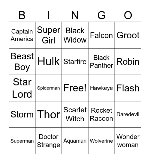 Super Hero Bingo Card