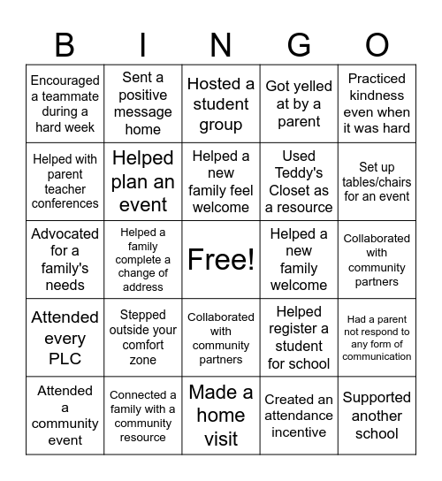 Family Engagement Bingo Card