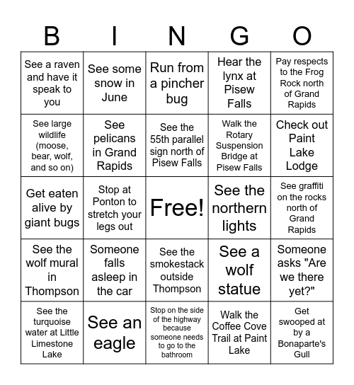 Journey to Pisew Falls Bingo Card