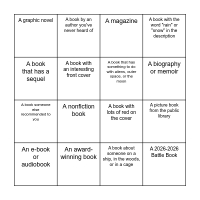 Summer Reading Bingo Card