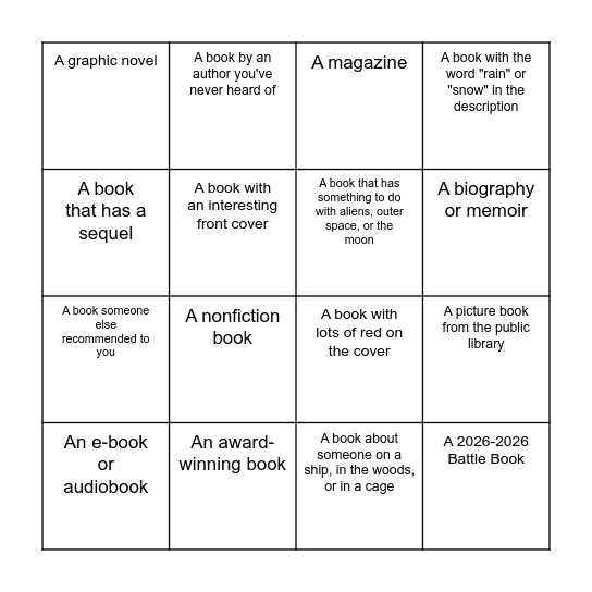 Summer Reading Bingo Card