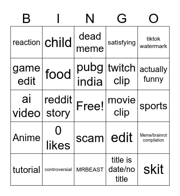 YT SHORTS Bingo Card
