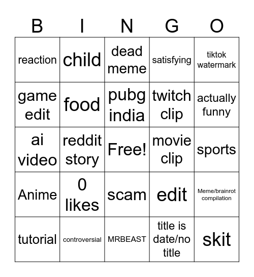 YT SHORTS Bingo Card