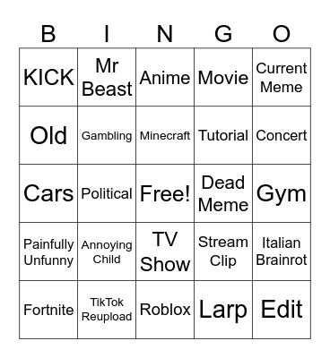 YT SHORTS Bingo Card