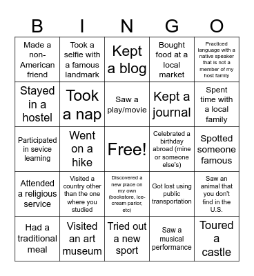 Study Abroad BINGO Card