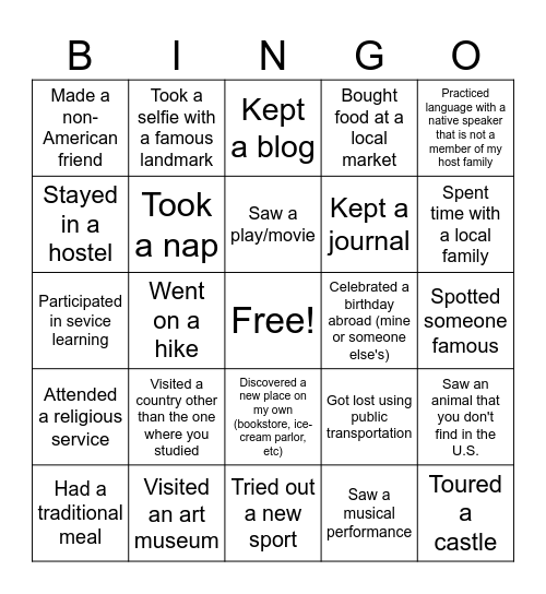 Study Abroad BINGO Card