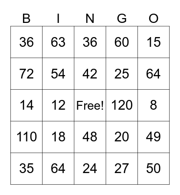 Multiplication Bingo Card