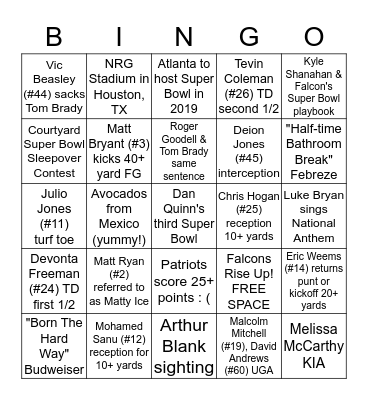 Super Bowl LI Bingo Card