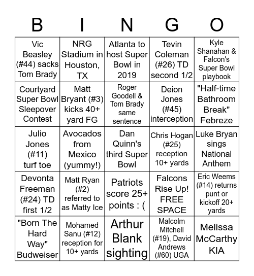 Super Bowl LI Bingo Card