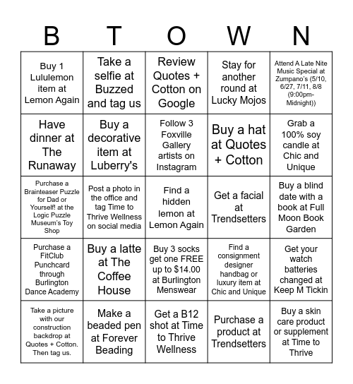 Experience Burlington Summer 2026 Bingo Card