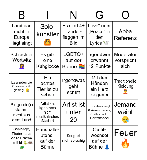 ESC 2026 Bingo Card