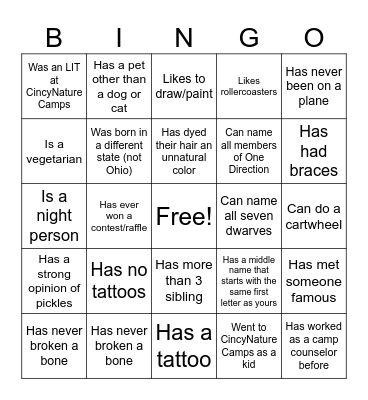 CincyNature Camp Staff BINGO Card